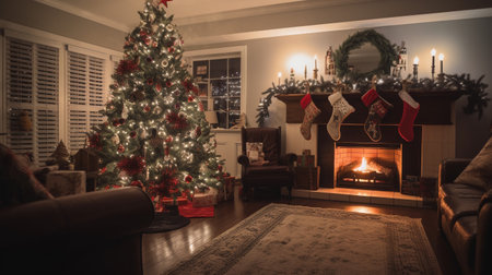 Christmas living room with fireplace, christmas tree and presents on backgroundの素材