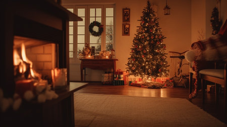 Christmas tree in the living room with a fireplace and gifts under itの素材