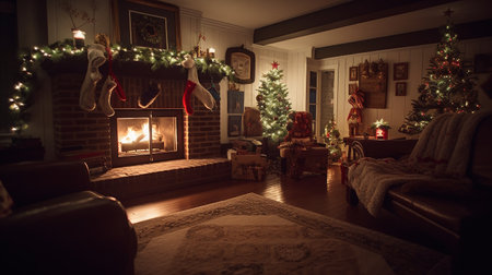 Interior of a living room with a fireplace, Christmas tree and presentsの素材