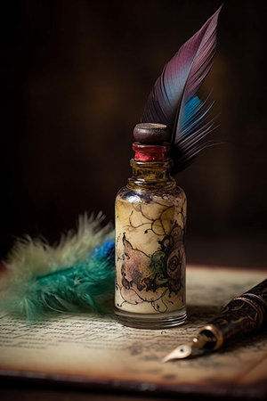 Quill pen and inkwell on old book. Vintage style.の素材