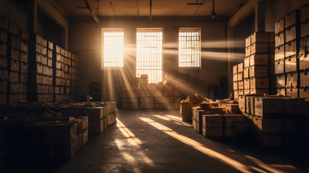 Industrial warehouse with shelves and rows of boxes, toned imageの素材