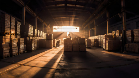 Warehouse interior. Large warehouse with rows of pallets. Industrial backgroundの素材