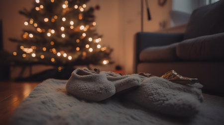 Warm knitted slippers on the floor in front of a Christmas treeの素材