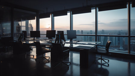 Interior of modern office with panoramic window and city viewの素材