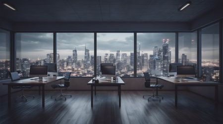 Modern office interior with panoramic city view. 3D Renderingの素材