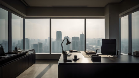 Interior of modern office with panoramic window overlooking city. 3D Renderingの素材