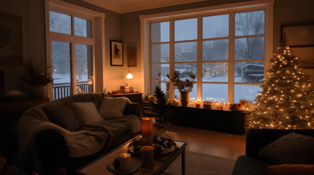 Christmas living room with fireplace and christmas tree. Winter evening.の素材