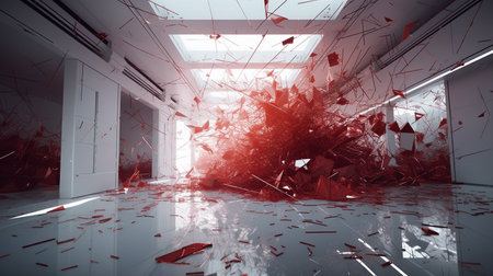 3D rendering of an empty room with broken glass in the centerの素材