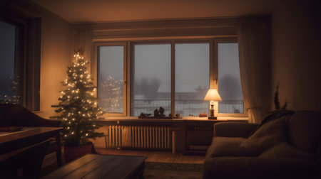 Christmas tree in a living room with a view of the city.の素材