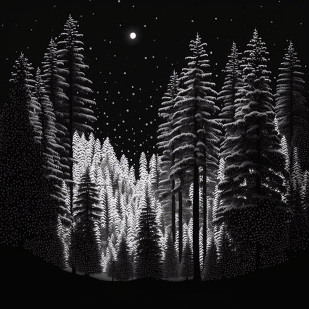 Fir trees in the forest at night. 3D illustration.の素材