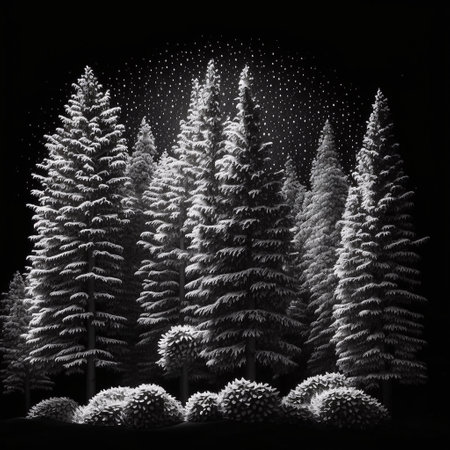 Black and white christmas background with fir trees in the snow.の素材