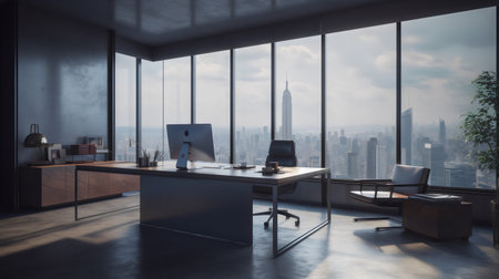 Interior of a modern office with a panoramic city viewの素材
