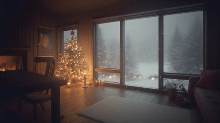 Christmas tree in the living room with a view of the winter forest from the windowの素材