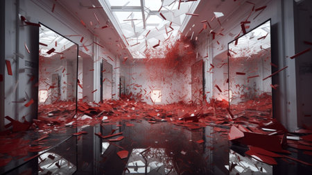 3D rendering of an empty room with broken glass and red debrisの素材