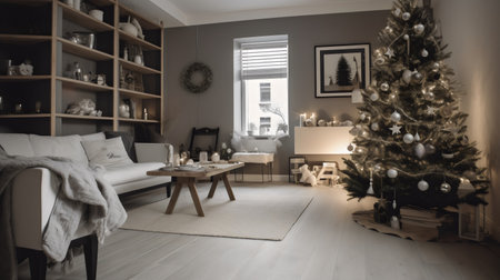 Christmas living room interior with Christmas tree and decorations. 3d rendering.の素材