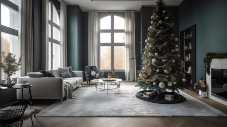 interior of modern living room with Christmas tree. 3d renderの素材
