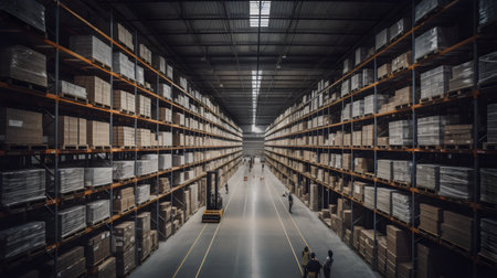 Interior of a warehouse with rows of shelves full of goods.の素材