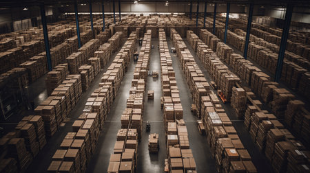 High angle view of warehouse with rows of boxes. Toned imageの素材