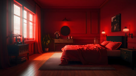 Interior of a bedroom with red walls and a red bed. 3d renderの素材