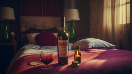 A bottle of red wine and a glass of wine on the bedの素材