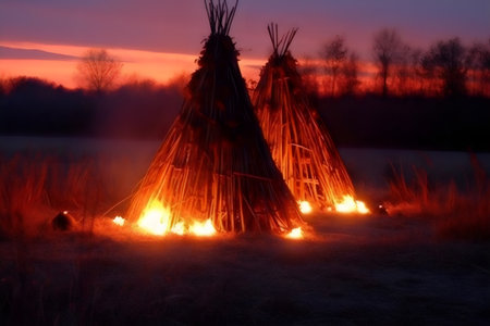 A bonfire in the middle of a meadow at sunset.の素材