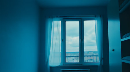 View from the window to the sea in the morning. Blue toneの素材