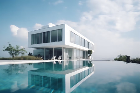 3d render of modern house with pool and blue sky background.の素材