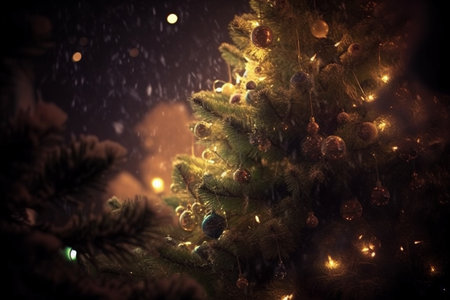 Christmas tree with lights and snowflakes on dark background. Christmas decorationの素材