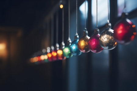 Colorful Christmas ornaments hanging on the ceiling in dark roomの素材