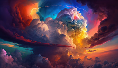 3D illustration of a big cloud with light rays in the skyの素材