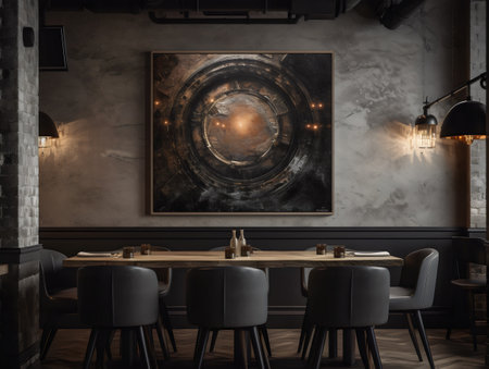 Interior of stylish pub with dark concrete walls, wooden floor, dark gray armchairs and round tables with gray chairs. Toned imageの素材