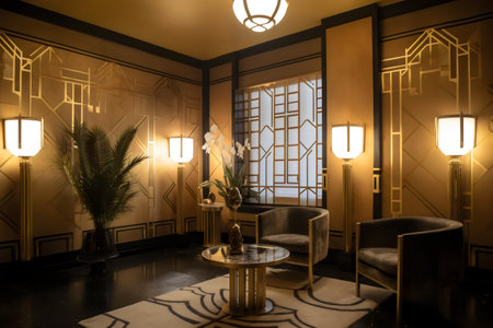 Interior of a restaurant with black walls and a gold ceiling.の素材