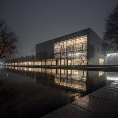 Night view of modern building with reflection in water. Long exposure.の素材