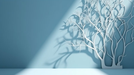 3d render of minimal white tree shadow on blue wall background.の素材