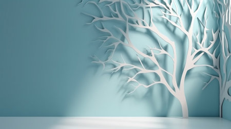 3D render of a white tree on a blue wall background.の素材