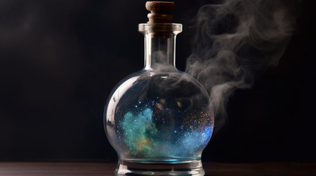 Magic potion in a glass bottle on a dark background with smoke.の素材