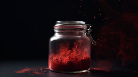 Red blood in a glass jar with smoke on a black background.の素材