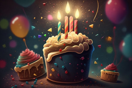 Birthday cupcake with candles and confetti on a dark backgroundの素材