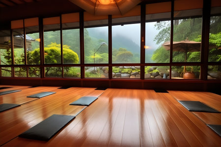 Yoga room in a Japanese temple with wooden floor and window viewの素材