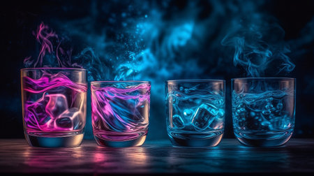 Three glasses of whiskey with ice on a dark background with smoke.の素材
