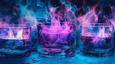 Two glasses of whiskey with ice cubes on a dark blue background in the form of fire.の素材