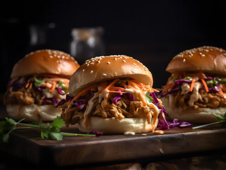 Homemade hamburgers with coleslaw on a dark backgroundの素材