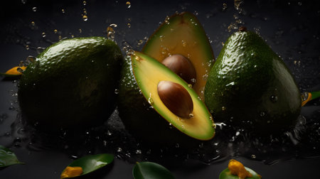 Avocado fruit with water splash on black background. Healthy food.の素材