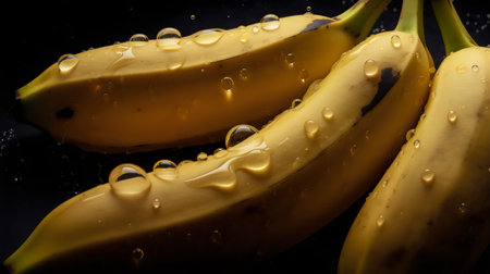 Bunch of bananas with water drops on a black background. Toned.の素材