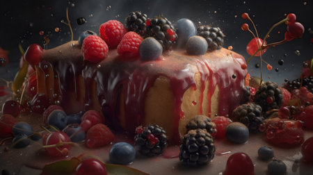 Homemade cake with berries and chocolate on a black background. Selective focus.の素材