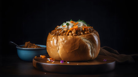 Baked pumpkin with meat and vegetables on a dark background. Selective focus.の素材