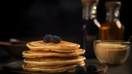 Stack of pancakes with blackberries and honey on a black background.の素材