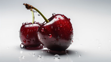Cherries with water droplets on a white background, close upの素材
