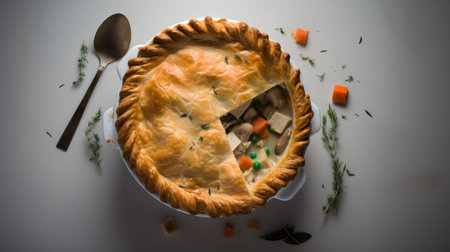 Tasty homemade pie with meat and vegetables on a white background.の素材