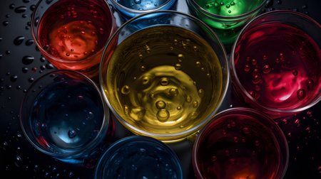 Multicolored liquid in glass on a black background with water dropsの素材
